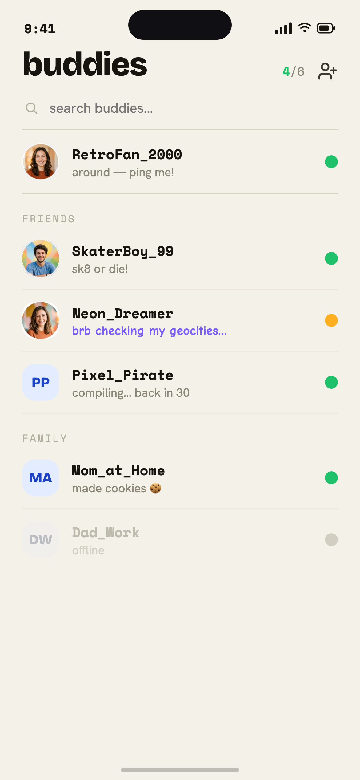 The BuddyList buddy list, showing who's online